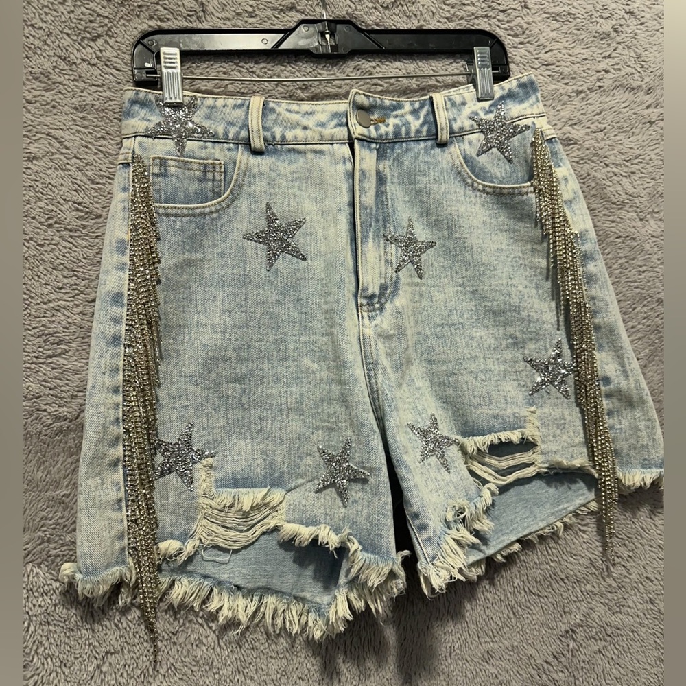 Blue B Denim Shorts Womens Large Fringe Rhinestone Cut Off Stars High Rise Jean - Picture 3 of 11